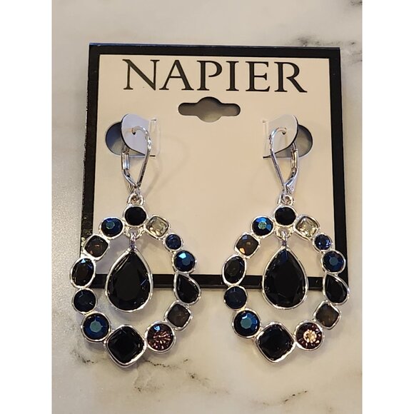 Napier Silver-Tone Drop Earrings With Black & Multi-Color Stones - Picture 1 of 5